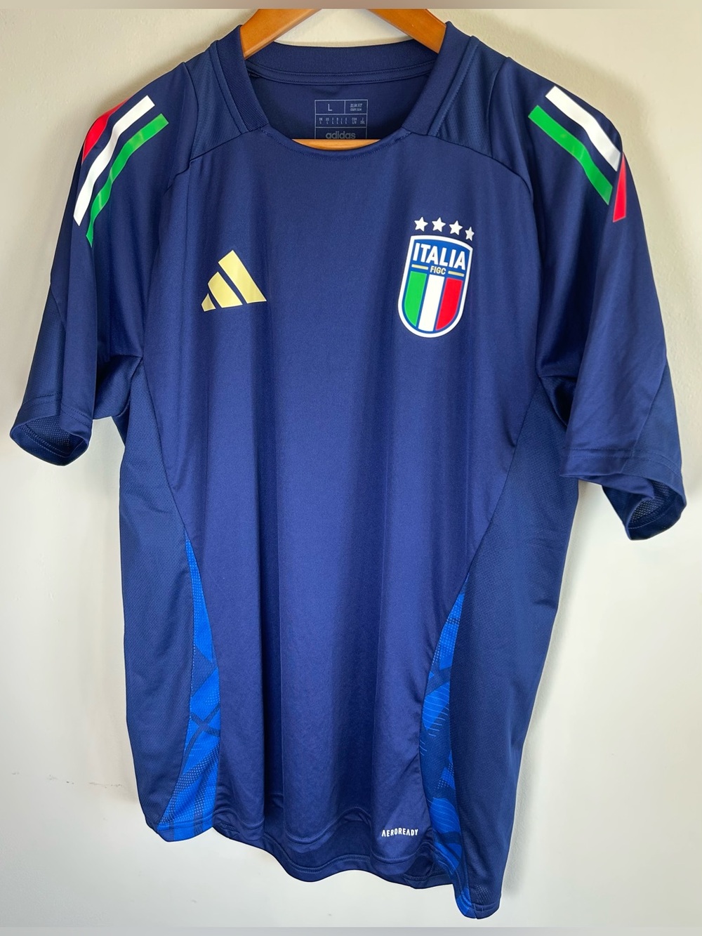 Adidas FIGC ITALIA T-Shirt Men’s Football Blue Navy Jersey Size L Slim Fit EUC - Picture 4 of 12
